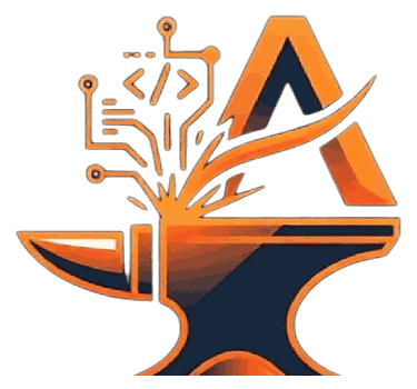 Emblema de Akmon Studios: un yunque forjando código con la letra A